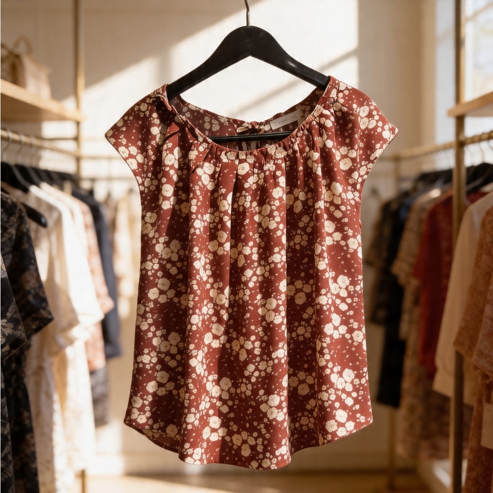 Lauren Conrad | Women’s Flowy Floral Cap-Sleeve Blouse in Rust | M